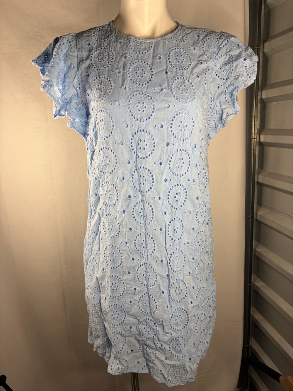 Ces Femme Light Blue Eyelet Ruffle Sleeve Mini Dress